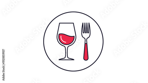 Minimalist icon of a wine glass filled with red liquid next to a fork, enclosed in a circle, representing dining, catering, or food service.