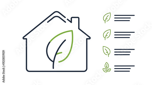 Line art of a house containing a green leaf icon with a checklist on the side, representing eco-friendly home features and sustainability.