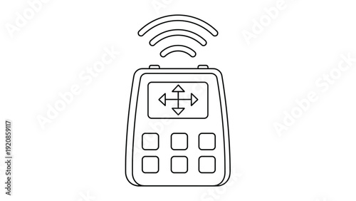 Line drawing of a handheld remote control device with a screen and wireless signal waves, representing teleoperation and drone control.