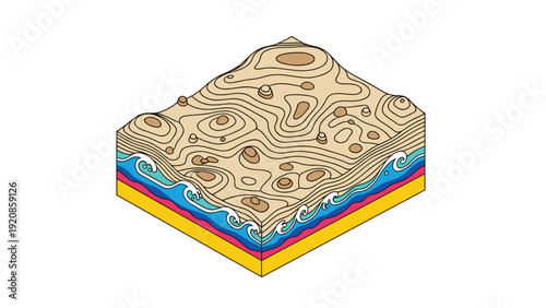 Isometric 3D terrain map showing desert hills and ocean waves at the base, illustrating geological layers and coastal topography.