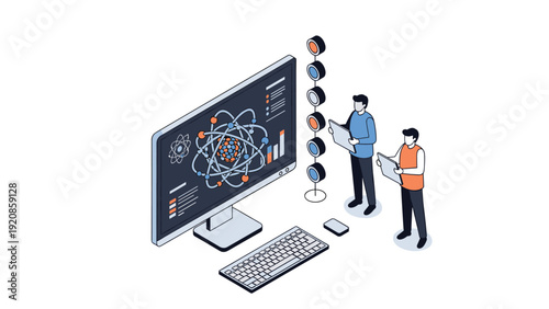 Isometric scene of scientists monitoring an atomic model on a large screen with data charts, representing nuclear physics and research.