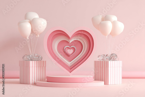 Pink Heart Shaped Podium with White Balloons and Gift Boxes