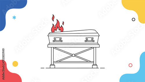Stylized illustration of a casket on a stand with red flames on top, set against a background with colorful abstract shapes and dots.