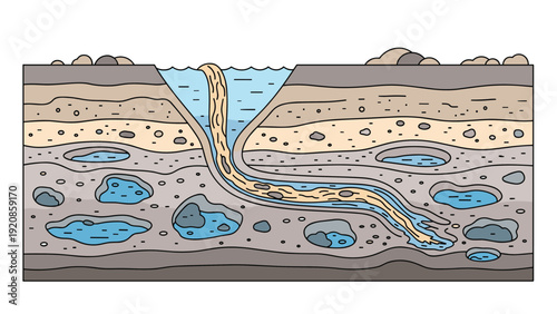 Detailed geological cross-section showing groundwater flow through various soil layers and underground reservoirs for hydrology study.