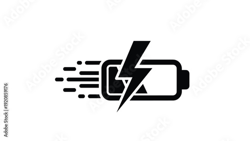 Black battery icon with a lightning bolt symbol and motion lines, representing fast charging, high energy, and rapid power delivery.