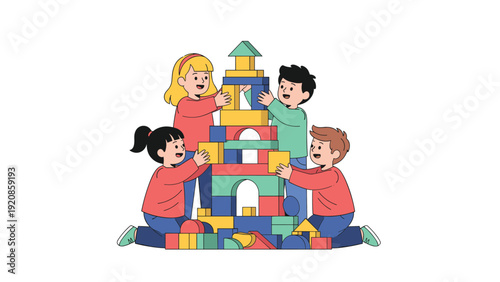 Group of four children happily playing together with a tall tower of colorful building blocks, representing teamwork and early childhood.