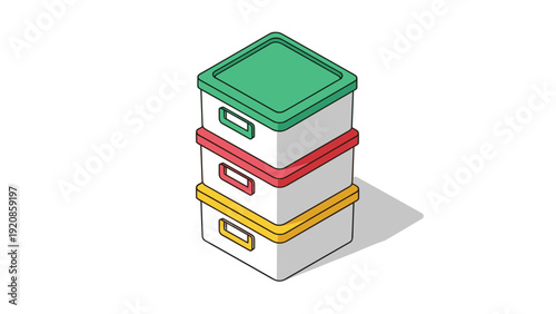 Stack of three plastic storage bins with lids in green, red, and yellow, shown in an isometric perspective for home organization.