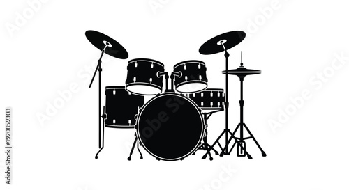 A complete black drum set shows hardware and cymbals.