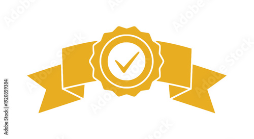 Golden badge with ribbon and checkmark symbolizing approval and verification.