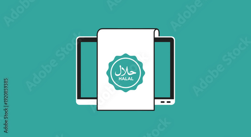 Halal certification logo on mobile phone screen with teal background.