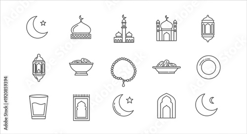 Collection of Islamic symbols and icons in minimalist line art style.