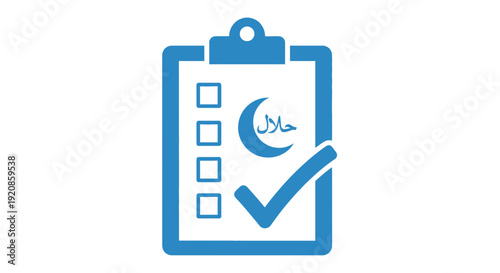 Halal certification checklist with crescent moon symbol and checkmark.