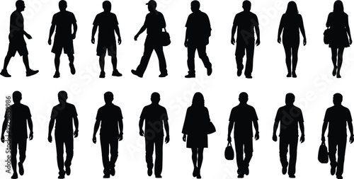 Diverse people silhouettes collection set jumping running walking and pointing, men and women figures group, casual poses isolated on white background, vector character set.