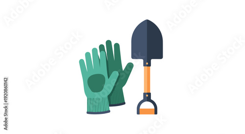 Gardening tools including gloves and shovel on a clean background