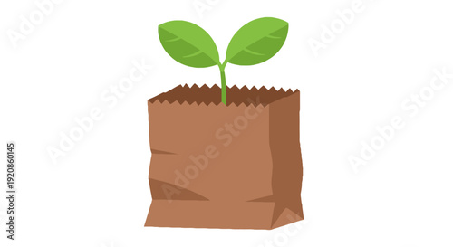 Small green seedling emerging from brown paper bag on a white background