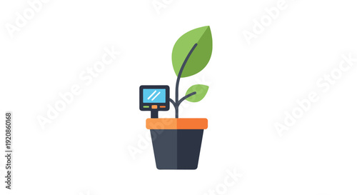 A computer monitor emerges from a pot with a growing plant and leaves, showcasing technology and nature.
