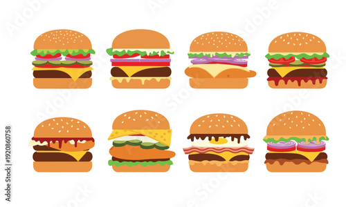 Classic American Fast Food Burgers Flat Design Set