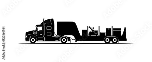 Black Semi Truck with Flatbed Trailer Vector