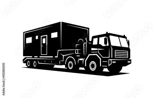 Black Mobile Modular Unit on Flatbed Truck
