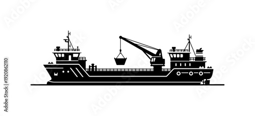 Industrial Cargo Ship Vector Silhouette