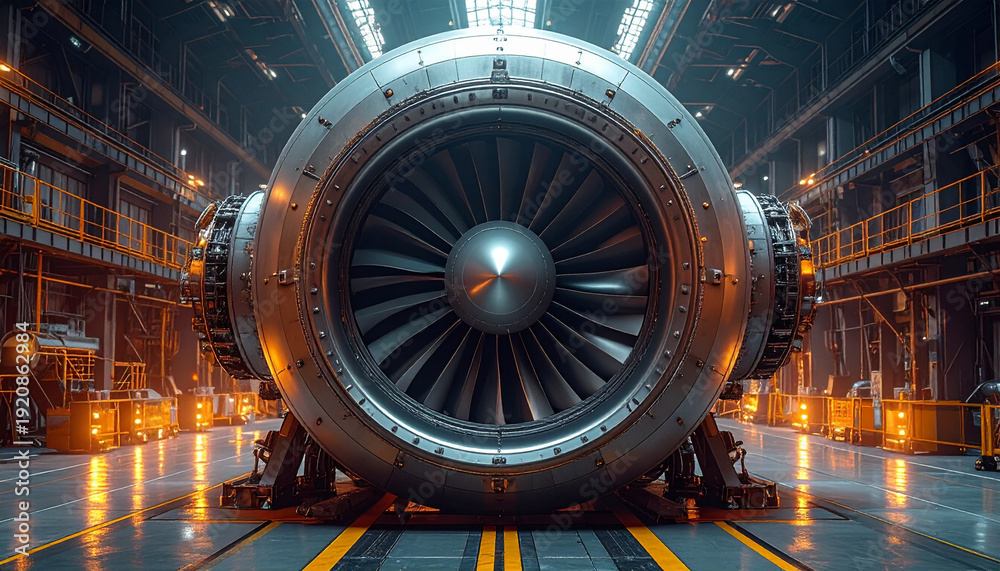 Obraz premium Massive jet engine turbine with spinning blades inside a dimly lit industrial hangar with yellow safety lines