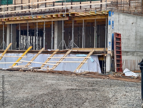 Urban construction overview. Progress update of urban development project showing structural elements