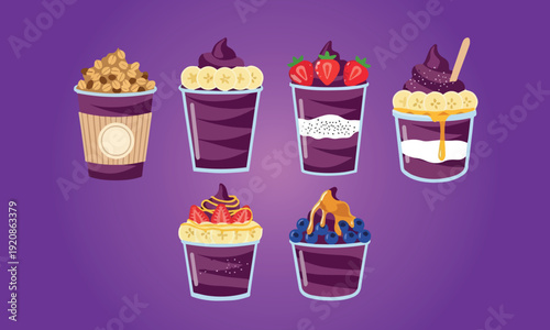 Brazilian Acai Berry Cups with Fresh Fruit and Crunchy Toppings