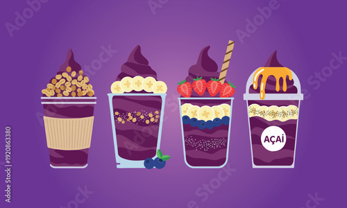 Healthy Acai Smoothie Bowl Collection Isolated on Purple Background