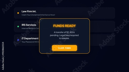 Fraudulent Inheritance Claim and Funds Ready Phishing Scam Notification Animation for Cyber Security Awareness and Education