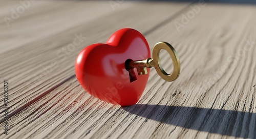 Red Heart Model with a Gold Key in a Keyhole on a Wooden Table for Love Romance and Security Concepts heart love romance security key