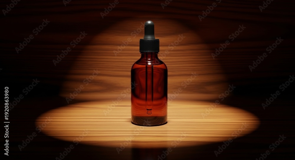 Naklejka premium Amber bottle with dropper on wooden table lit by spotlight