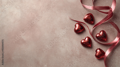 Red Hearts with Ribbon on Pink Background for Valentines Day