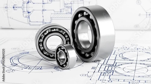 Precision Engineering: The image features a close-up of ball bearings, meticulously arranged on an engineering blueprint. This captures the essence of mechanical design, industry.