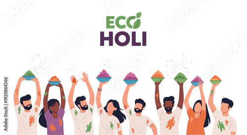 Illustration of diverse people celebrating eco-friendly Holi festival with sustainable color powders in a joyful and colorful way.