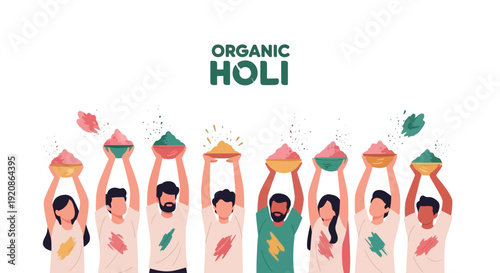 Illustration of diverse people celebrating Holi with eco-friendly organic color powder in a joyful festival atmosphere with colorful design elements.