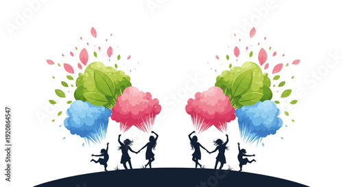 Vector illustration of a joyful family and kids celebrating Holi with eco-friendly organic color powder in a vibrant and colorful design, conveying a festive mood.