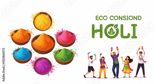 Illustration of a joyful family celebrating Holi with eco-friendly organic color powder in a vibrant and colorful festival atmosphere in India.