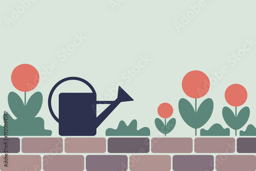 Vibrant garden scene with watering can and colorful flowers on brick wall