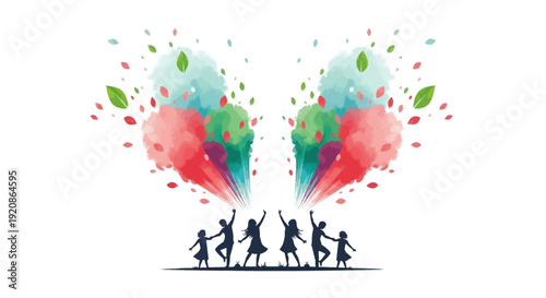 Illustration of a joyful family and children celebrating Holi with eco-friendly sustainable colors and organic powder in a colorful festival scene.