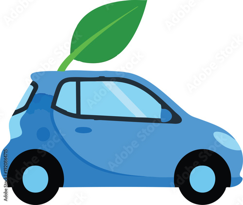 Flat vector icon of an electric car with a green leaf for eco-friendly transport.