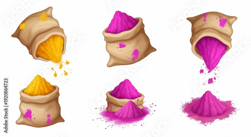Vector illustration of colorful powder pouring from burlap sacks in shades of pink, yellow, and orange, symbolizing an eco-friendly Holi celebration with sustainable colors, against a clean