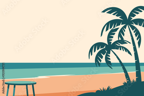 Serene beach scene with palm trees and stool by ocean