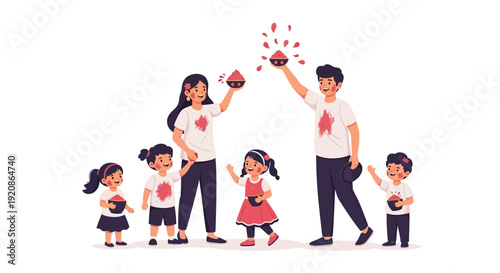 Illustration of a family celebrating Holi with eco-friendly organic color powder in a joyful and colorful festival scene.