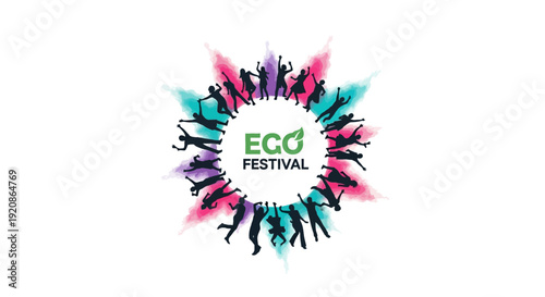 Illustration of people celebrating an eco-friendly Holi festival with sustainable colors and organic powder in a vibrant, colorful design.