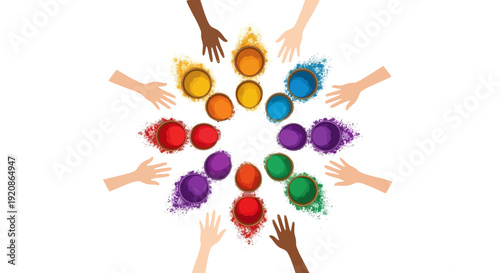 Illustration of diverse people celebrating Holi with eco-friendly organic color powder in a vibrant and joyful festival atmosphere.