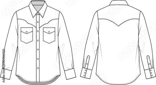 Men western shirt technical fashion illustration, front and back view detailed apparel flat sketch design template