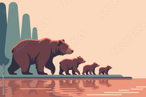 Family of bears walking together by serene lake in nature