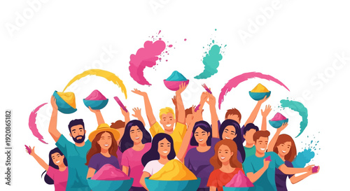 Illustration of diverse people celebrating Holi with eco-friendly organic color powder in a joyful festival atmosphere with vibrant colors and design elements.