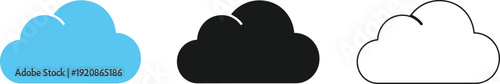 Cloud icon set for web and mobile apps including flat blue, solid black silhouette, and white outline styles for cloud computing, data storage, network services, and weather interface