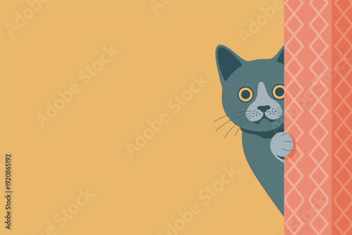 Curious gray cat peeking from behind colorful patterned wall